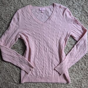 Pink Cable Knit V-Neck Sweater